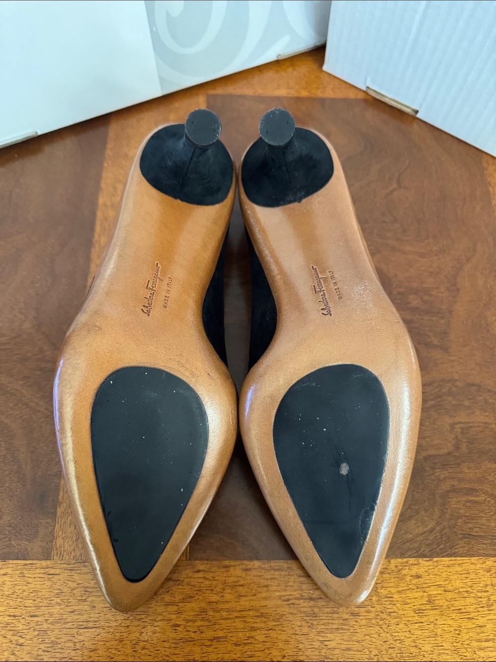 Salvatore Ferragamo Black Suede Pointed Pumps with Brown Sole Trim - Picture 6 of 8
